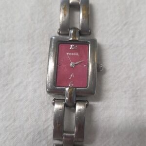 Fossil Red Dial Silver Watch